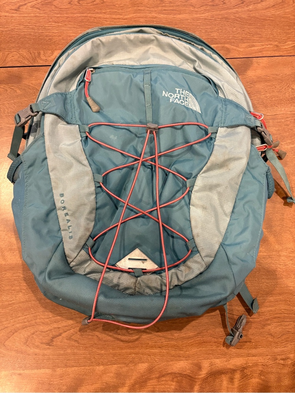 The North Face Women’s Blue Teal Borealis Backpack with Salmon Bungee